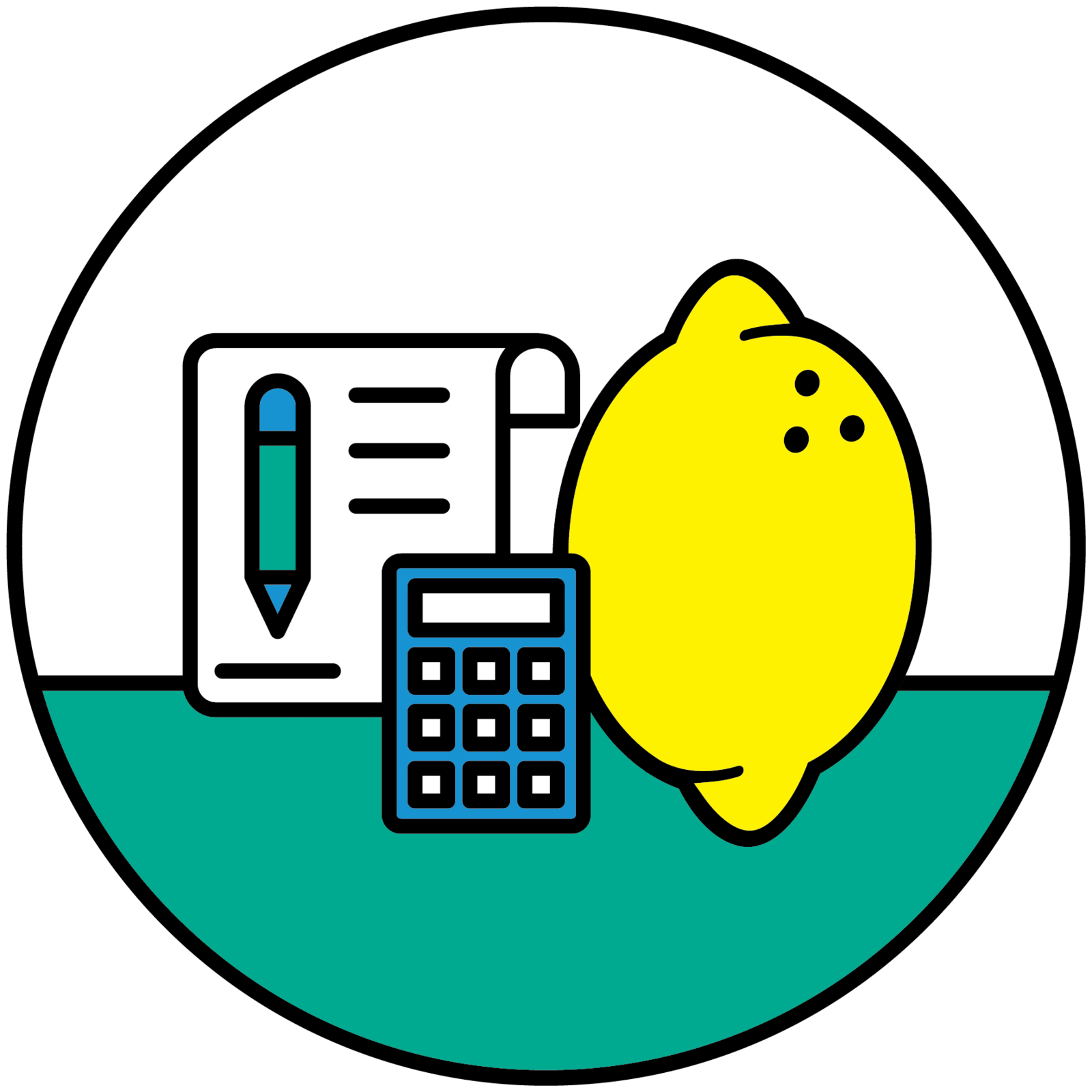 A lemon with a calculator and notepad