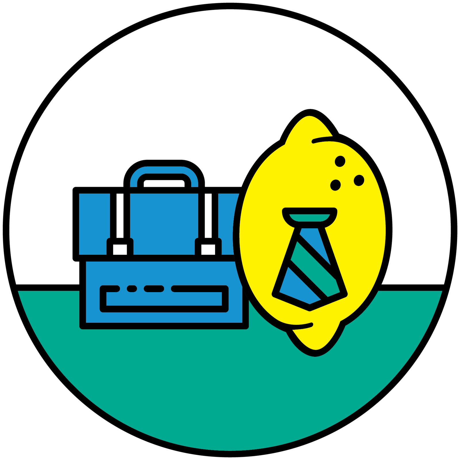 Lemon wearing a tie standing next to a suitcase